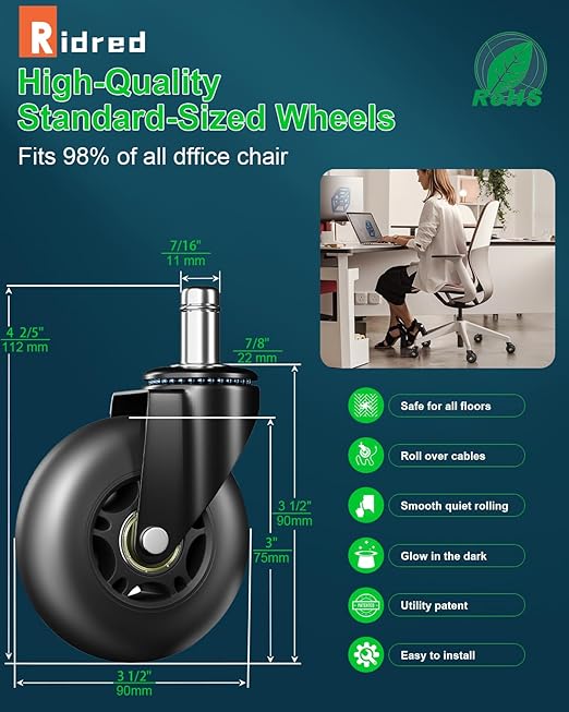 RidRed Office Chair Wheels Replacement Heavy Duty 3 Inch Roller Blade Wheels for Carpet Hardwood Floors,Support 650 LB, Noise Free, Fits 98% Chair, for All Floor, Set of 5 (Black)