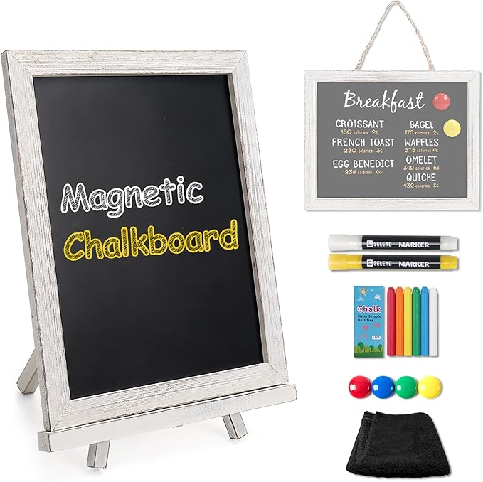 SELEAD 100% Real Wood Frame Magnetic Chalkboard with Stand - 10x12 Inch Small Tabletop/Hanging Chalk Board Words Sign Board, Message Menu Board for Cafe, Business, Wedding - Vintage White
