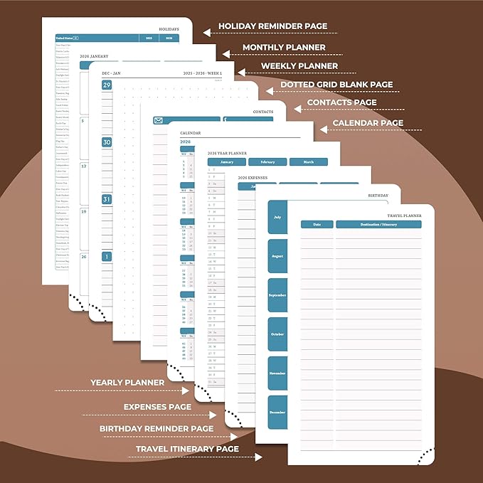 IN-LUXPRO Planner 2026 Daily Weekly and Monthly,6.5"x3.75",12 Months Spiral Bound Calendar Agenda with Self-adhesive Pen Holder,2026 Appointment Book with Vegan Leather Soft Cover,Brown