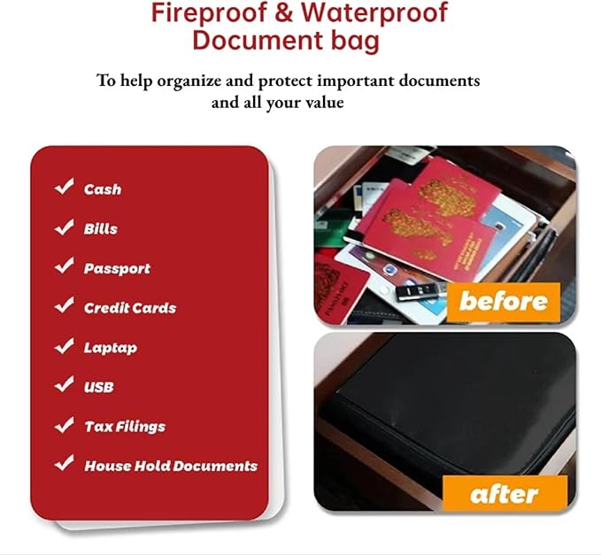 Fireproof Document Organizer, Large Size with 2000F Heat Insulated Money Bag, Document Safe, Office Briefcase, Black