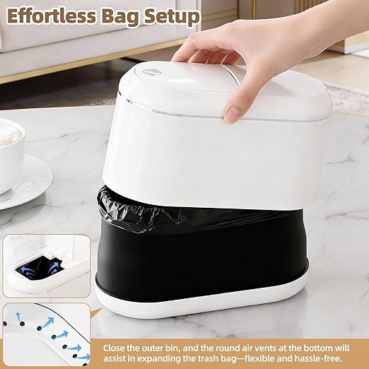 PAVSTINE Mini Trash Can for Desk with 5 Rolls of Trash Bags, Small Press-Top Countertop Garbage Bin, Removable Waste Basket for Bedroom, Vanity, Coffee Table, Kitchen (White Half-Lid)