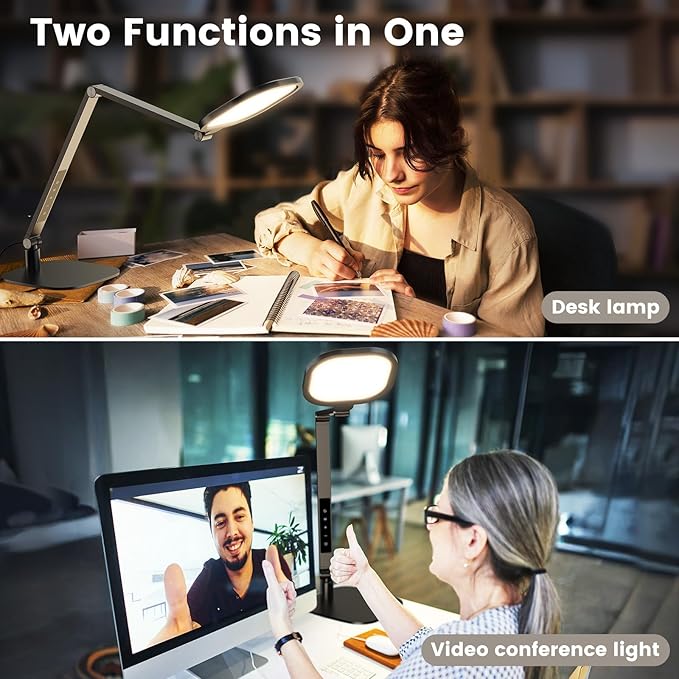 LitONES LED Desk Lamp for Home Office, 15W Computer Zoom Lighting with CRI >95, Memory & Timer Function, 1200LM Dimmable Desktop Ring Light for Video Calls, Conference, Reading, Streaming, Study