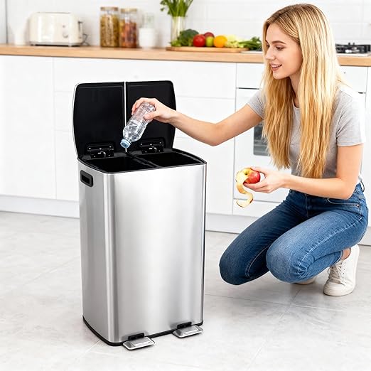 Garvee 16 Gallon (60 L) Dual Trash Can, Stainless Steel Garbage Bin with Plastic Inner Buckets, Commercial Trash Can with Soft-Close Lids & Pedals, Double Compartment Recycling Bin for Kitchen, Sliver