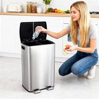 Fashionwu 16-Gallon Dual Compartment Stainless Steel Trash Can – Soft-Close Lids, Foot Pedal, Dual Removable Buckets, Fingerprint-Resistant Recycling Bin for Kitchen, Office & Commercial Use