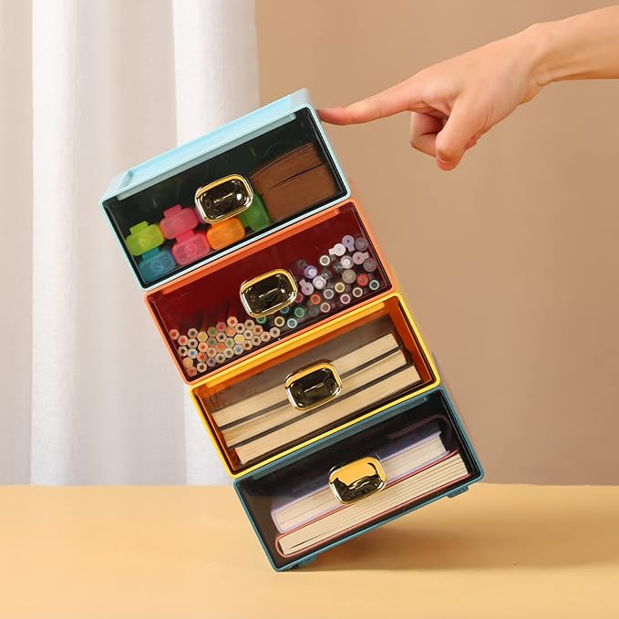 Spacious Desk Drawers, Stackable Desktop Organizer, Plastic Storage Box for Office, School & Home Supplies (4 Small Drawers, OG & YE)