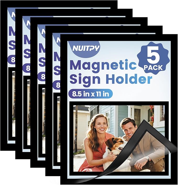 NUITPY 5 Pack Magnetic Sign Holder, 8.5in x 11in Self Adhesive Wall Mount Magnetic Document Holder, Magnetism Border Sign Holder with Transparent PVC Front Cover