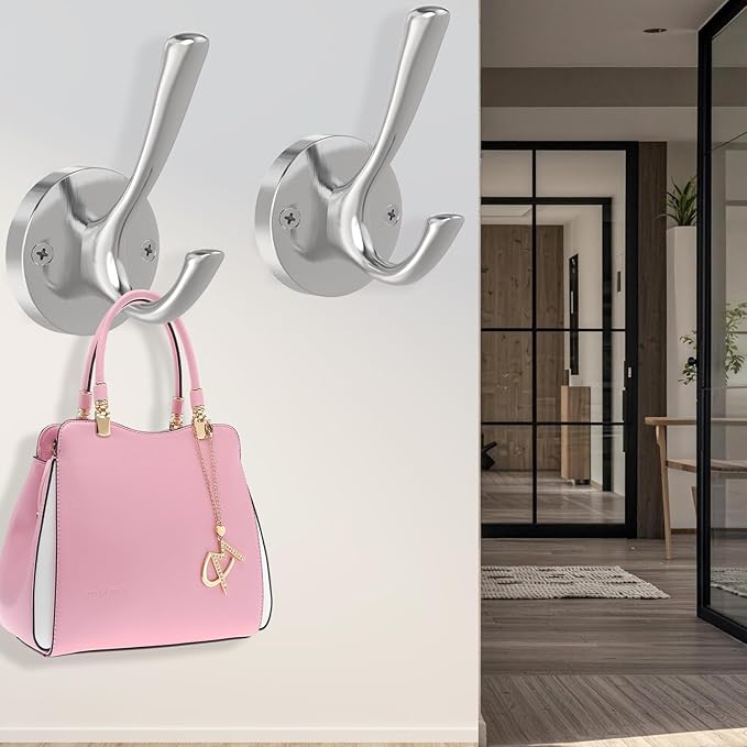 TOFIIGREM Brushed Nickel Robe Hooks Towel Hooks, 3 Pack Coat Hook Heavy Duty Mudroom Hook Double Bathrobe Hook Wall Mounted, Hat Hooks for Entryway Bathroom Kitchen Closet