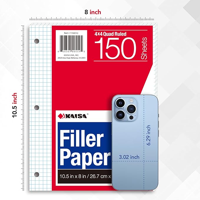 KAISA Graph Paper Filler Paper, 8"x10.5" 4x4 Graph/Quad Rule Filler Paper 3-Hole Punched 1/4inch Grid Paper Loose-Leaf Paper for 3-Ring Binders,150sheet/pack, 3pack F15001Q