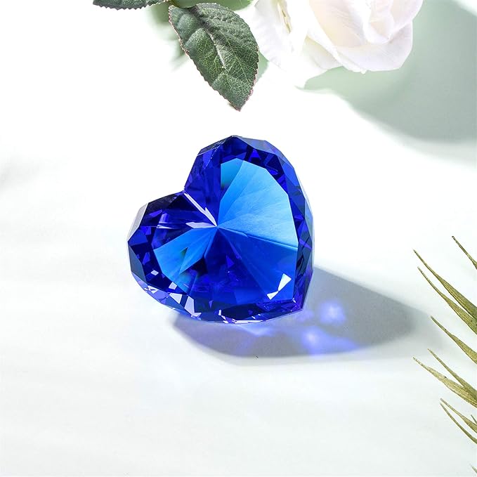 Blue Crystal Diamonds Paper Weights, Heart Shape Real Diamond Glass Gems Paperweight for Decoration, Big Diamonds Home Office Decor Valentine's Day Gift Wedding Favors with Gift Box 80mm