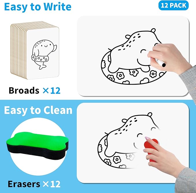OSIMIG 12 Pack Small White Board Dry Erase, Mini Dry Erase Board 9" x12”, Double Sided Personal Whiteboards with 12 Erasers, White Boards for Students Teachers School Supplies