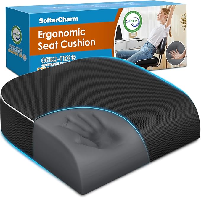 SofterCharm Seat Cushion, Memory Foam Office Chair Cushions for Long Sitting Hours, Chair Pad for Sciatica, Coccyx, Tailbone, Hip Pain & Pressure Relief, Office, Home,Car Seats,Airplane, Black/X-Large