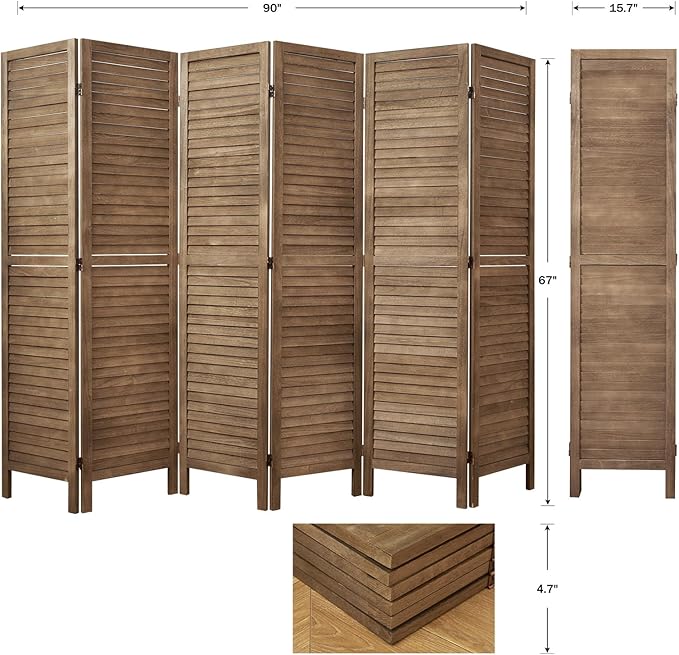 Room Dividers and Folding Privacy Screens, Wood Louvered Separators Divider Wall for Home Office Bedroom - 6 Panels, 67 * 90inch (Brown)