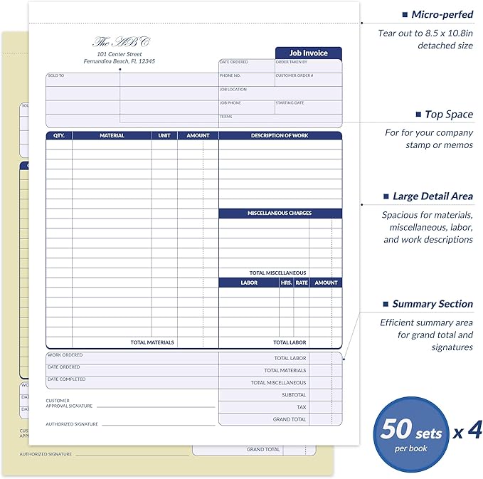 Harfesto Job Work Order Forms, Large Size Contractor Invoice Book 8-1/2" x 11-7/16", Invoice Receipt Book for Small Business, 2-Part Carbonless Forms, 200 Sets (4 Books)