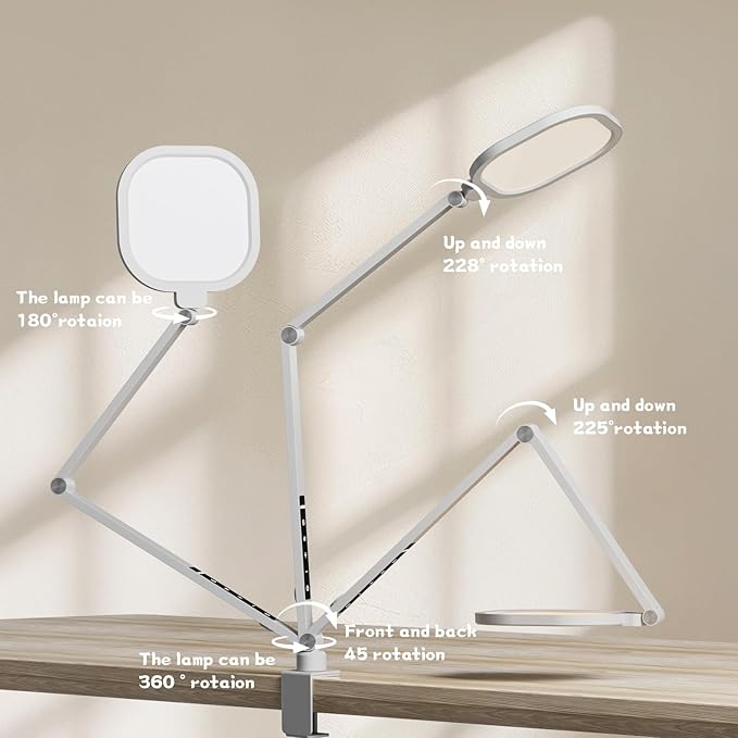 LitONES LED Desk Lamp for Home Office, 15W Desk Light with C- Clamp, Swing Arm, Memory & Timer Function, 1200LM Dimmable Computer Light for Video Calls, Conference, Study (White-Clamp)