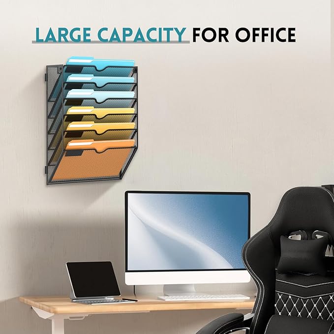 SUPEASY Wall File Organizer Mesh Office Mail Holder, Hanging Wall Organizer Magazine Rack for Office Black, 6 Tier
