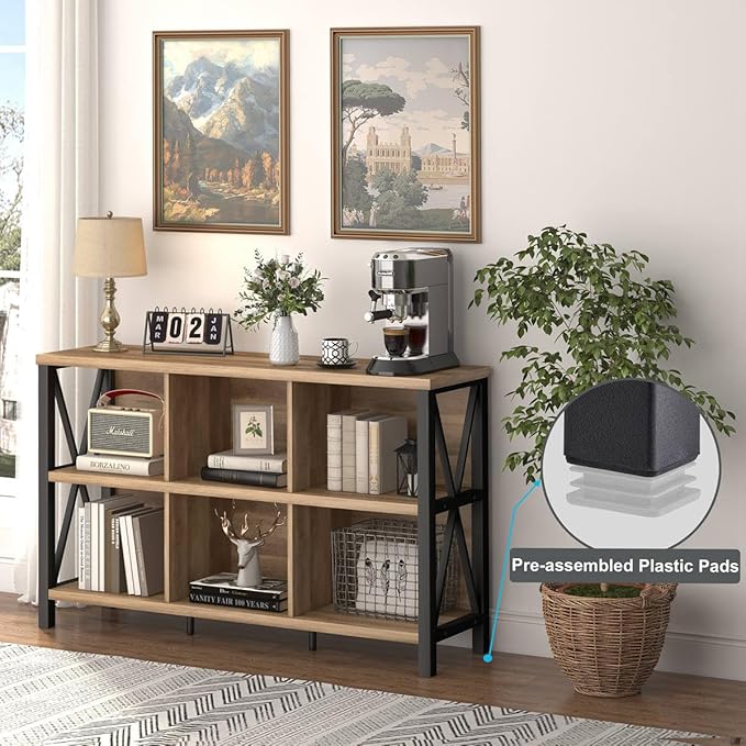 FATORRI 6 Cube Storage Organizer with Shelf, Long Wood and Metal Cubby Bookcase, Industrial Horizontal Bookshelf (Rustic Oak, 47 Inch) | with Shelf, Long, Horizontal Bookshelf