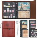 Lewtemi Stamp Collecting Albums Set Stamp Collection Book Include 20 Pages Album Binder Tweezer and Loop Magnifier Collecting Supplies for Collectors (Brown Pirate,1/2/3/4 Rows)