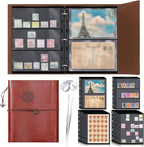 Lewtemi Stamp Collecting Albums Set Stamp Collection Book Include 20 Pages Album Binder Tweezer and Loop Magnifier Collecting Supplies for Collectors (Brown Pirate,1/2/3/4 Rows)