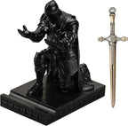 Amoysanli Medieval Armored Warrior Wearing Outerwear, Mobile Phone Stand Knight Pen Holder Desk Organizers, Resin Bookends Paperweight with a Letter Opener for Desk (Black)