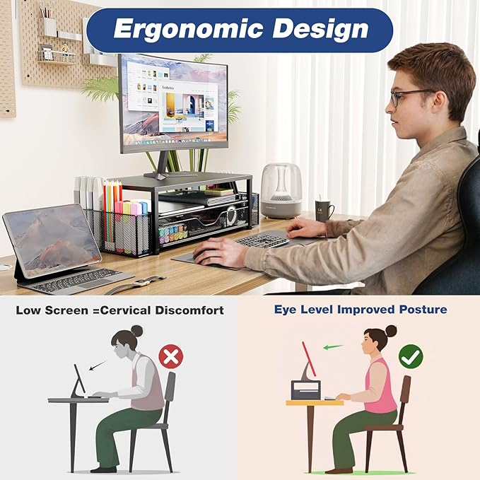 OPNICE Desk Organizers and Accessories, 2-Tier Computer Monitor Stand with Drawer and 2 Pen Holders, Laptop Stand, Office Desk Accessories for Office Supplies, Rose Gold