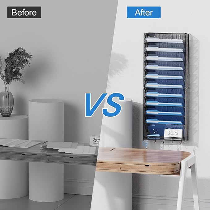 OUTWOLF Hanging Wall File Organizer with Hooks, 12 Tier Vertical Wall Mount File Holder, File Folder Wall Organizer for Office