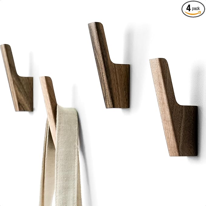 Wall Hooks - Set of 4 - Dark Walnut or Light Ash Wood Coat Hooks for Hanging Hat, Purse, Backpack, Bag, Jacket. Modern Farmhouse Decor for Wall and Practical Entryway Hooks (Walnut Wood)