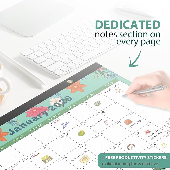Desk Calendar 2026-2027, Jan 2026 to Jun 2027 - Large 17" x 12" Monthly Calendar with To-Do List and Notes for Home, Office or School, Cartoon Floral