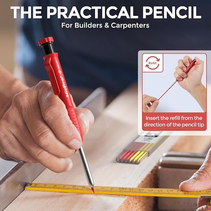 Nicpro 2 Pack CP1000 Carpenter Pencil with Sharpener, Mechanical Carpenter Pencils with 26 Refills, Deep Hole Long Nib Marker Pens for Construction, Heavy Duty Woodworking Pencil for Architect Marking
