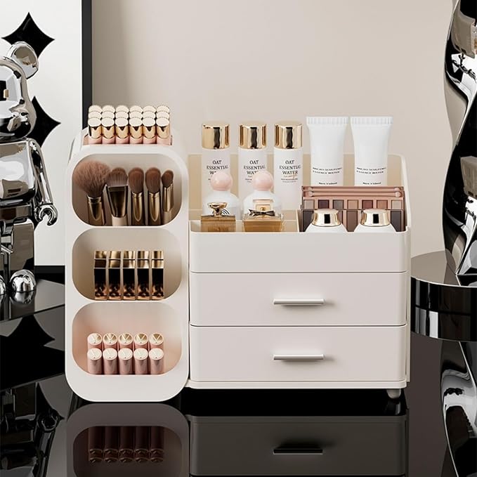 KQJS Makeup Organizer with Drawers,Large Capacity Countertop Organizer for Vanity,Bathroom and Bedroom Desk Cosmetics Organizer,Easy To Storage Skincare,Brushes,Lotions,Lipstick (All Cream)