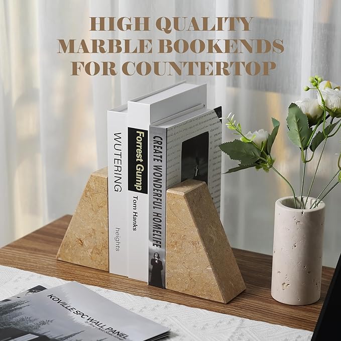 Karibiber Marble Bookend for Heavy Books, Decorative Bookends for Shelves, Durable and Heavy-Duty Book End for Hardback Book & CDS, Unique Book Stopper & Holder, Pearlly Yellow, Set of 2