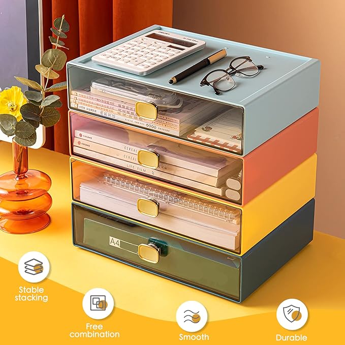 DETEIN Stackable Desk Drawer Organizer 13''x9''x3.3'' Desktop Paper Organizer for Printer Paper File Office Drawer Organizer Box Clear Storage Drawer for Stationery, School, Dorm(Yellow,L-1 Drawer)