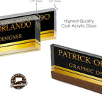 Artblox Personalized Office Desk Name Plate With Business Card Holder | Clear Acrylic Glass with Teak Wood Stand | Black Gold Stripe Design Customized with Your Name and Credentials Office Desk Décor