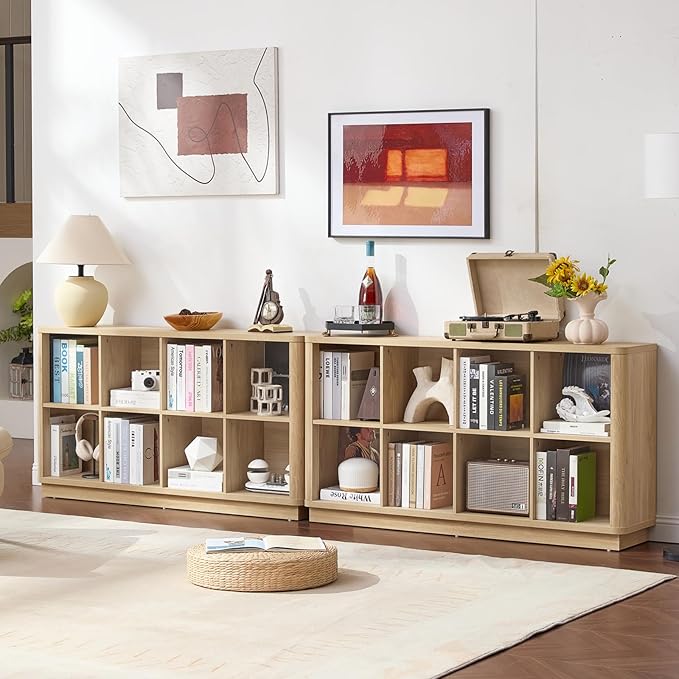 Joaxswe 8 Cube Storage Book Shelf, 52" Long Horizontal Bookshelf with Curved Edge, Floor Standing Wooden Cubby Bookcase with Base, Modern Low Console Book Case, TV Stand for Living Room, Natural Oak