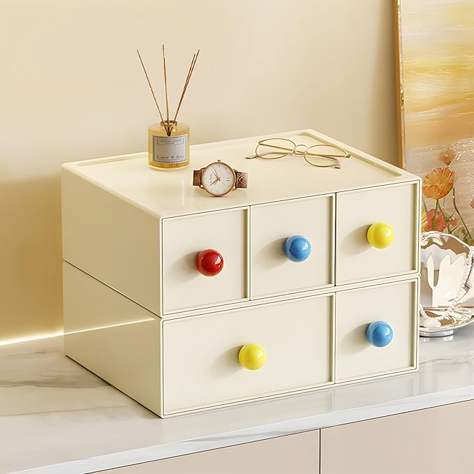 OSteed Desktop Drawers, Desk Organizer with 6 Drawers & Dopamine Handles, Stackable Craft Storage Box for Home Collection, Cosmetics, Office Supplies (3 Tiers, Cream)