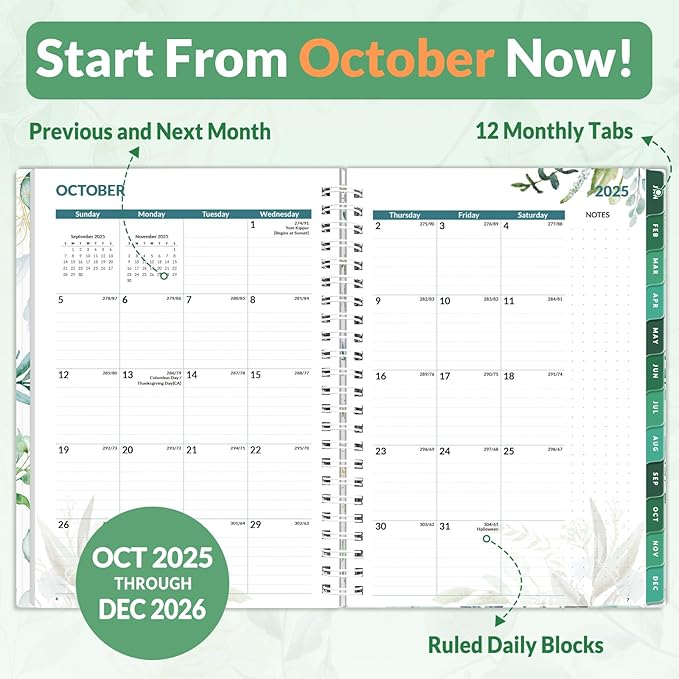 SUNEE 2026 Weekly and Monthly Planner - from January 2026 - December 2026, Daily Agenda Planner with Monthly Tab, Flexible Cover, Note Pages, Pockets, Bookmark, Spiral Binding, Greenery, 6.4" x 8.3"