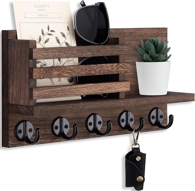 Lwenki Key Holder for Wall – Decorative Wooden Mail Holder and Key Shelf with Mounting Hardware, Installation Guide – Paulownia Wood with 5 Metal Key Hooks (11.8” x 6.7” x 2.8”)