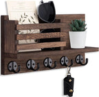 Lwenki Key Holder for Wall – Decorative Wooden Mail Holder and Key Shelf with Mounting Hardware, Installation Guide – Paulownia Wood with 5 Metal Key Hooks (11.8” x 6.7” x 2.8”)