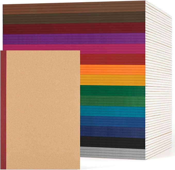 ALKALO 60 Pack Lined Notebook Journals Bulk, A5 College Ruled Composition Notebook, Kraft Cover with Vintage Spines, 8.3”x 5.5”, 15 Colors 60 Pages for School Office Travel