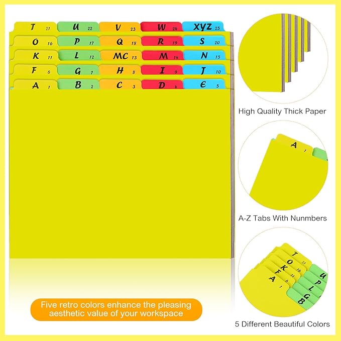 Noveread 1 Set 25 Alphabet File Dividers A-Z Tab Letter Size 1/5 Cut Tab Positions Alphabetical Number File Folder Organizer Guides Cabinet and Desk Dividers for School Office (Yellow)