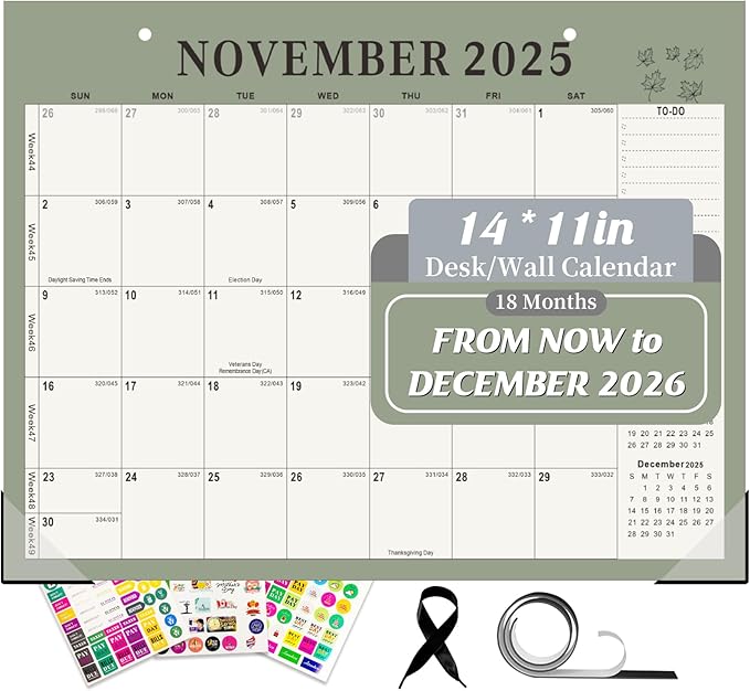 Gannyfer Desk Calendar 2026, Magnetic Calendar for Refrigerator, 18 Monthly Wall/Fridge/Desk Calendar 2026 with Hanging String, Magnetic Stripe, 3 Stickers, 2026 Calendar for Office, Home or School (14" x 11")