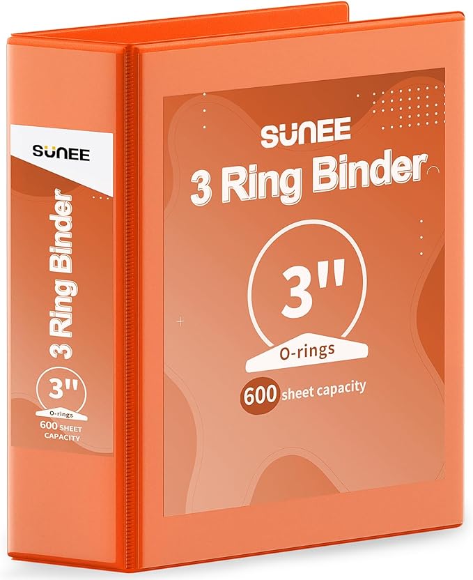 SUNEE 3 Ring Binder 3 Inch 1 Pack, Clear View Binder Three Ring PVC-Free (Fit 8.5x11 Inches) for School or Office Supplies, Orange