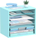 SHARKWOODS 5-Tier Wood Desk Organizer, Paper Tray Organizer for Desk with Adjustable Storage Shelves, Desktop File Organization Paper Sorter Mail Holder for Office Home Classroom, Blue
