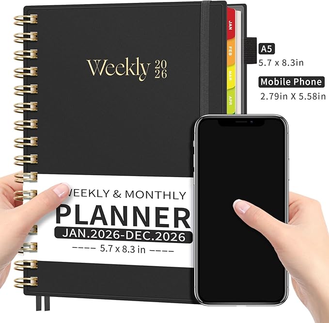 EMSHOI 2026 Planner Weekly and Monthly, Week on One Page with Notes, A5 (5.7"x8.3"), Jan-Dec 2026 Calendar Agenda with Monthly Tabs, Note Pages, 100GSM Thick Paper, Flexible Cover, Black