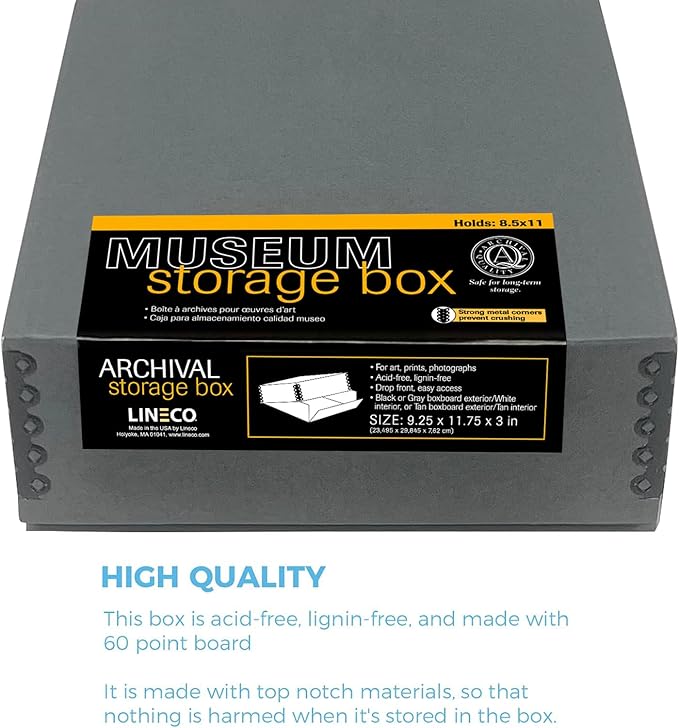 Lineco Archival Museum Storage Box with Removable Lid and Drop Front Design, 8.5 x 11 x 3 Inch. Preserve Longevity, Store Photos, Documents, Cards, Magazines, Prints, DIY. Gray