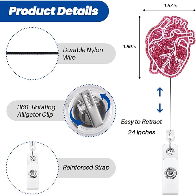 Anatomical Heart Badge Reel, Retractable ID Card Badge Holders, Medical Work Badge Clip for Pediatric Cardiology Cardiothoracic Surgery CICU, Cardiologist RN PA EKG/ECG Technician Perfusionist Gifts