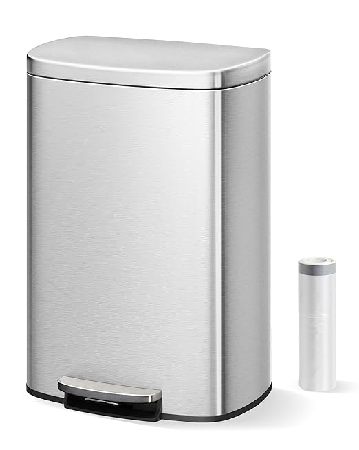 Garvee 13 gal / 50 L Stainless Steel Kitchen Trash Can with Lid, Large Rustproof Garbage Can for Kitchen, Step-on Metal Trash Bin with Inner Bucket, Rear Handle, Soft Close Lid, Silver
