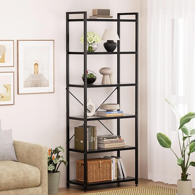 Casaottima Book Shelf, 6 Tier Tall Bookshelf, Modern Wood Bookcase Shelves for Bedroom, Industrial Display Shelf for Living Room Home Office Kitchen, Standing Shelving Unit Storage Organizer, Black