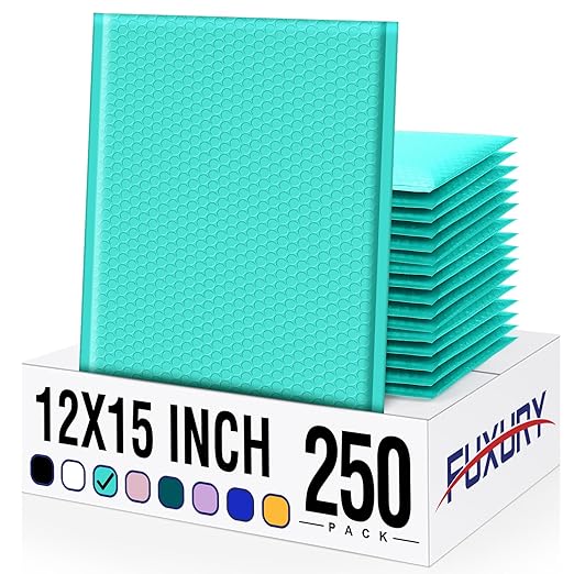 Fuxury Bubble Mailers 12x15" 250 Pack Padded Envelopes Large Padded Mailer Strong Adhesion,Self-Seal Envelope for Mailing Small Business,Magazine, Clothing, Teal