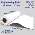 Alliance Wide Format Paper Rolls, 20lb with 3" Core (18 In x 650 Ft | 3" Core, 20lb | 4 Rolls)