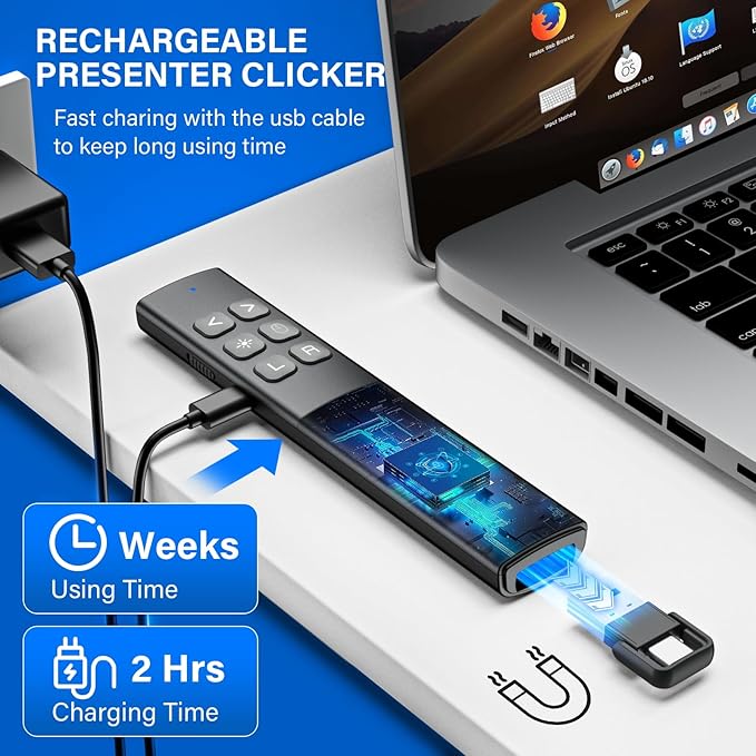 Presentation Clicker with Air Mouse - USB C Wireless Presenter Remote Clicker with Pointer, RF 2.4GHz PowerPoint Clicker for Presentation